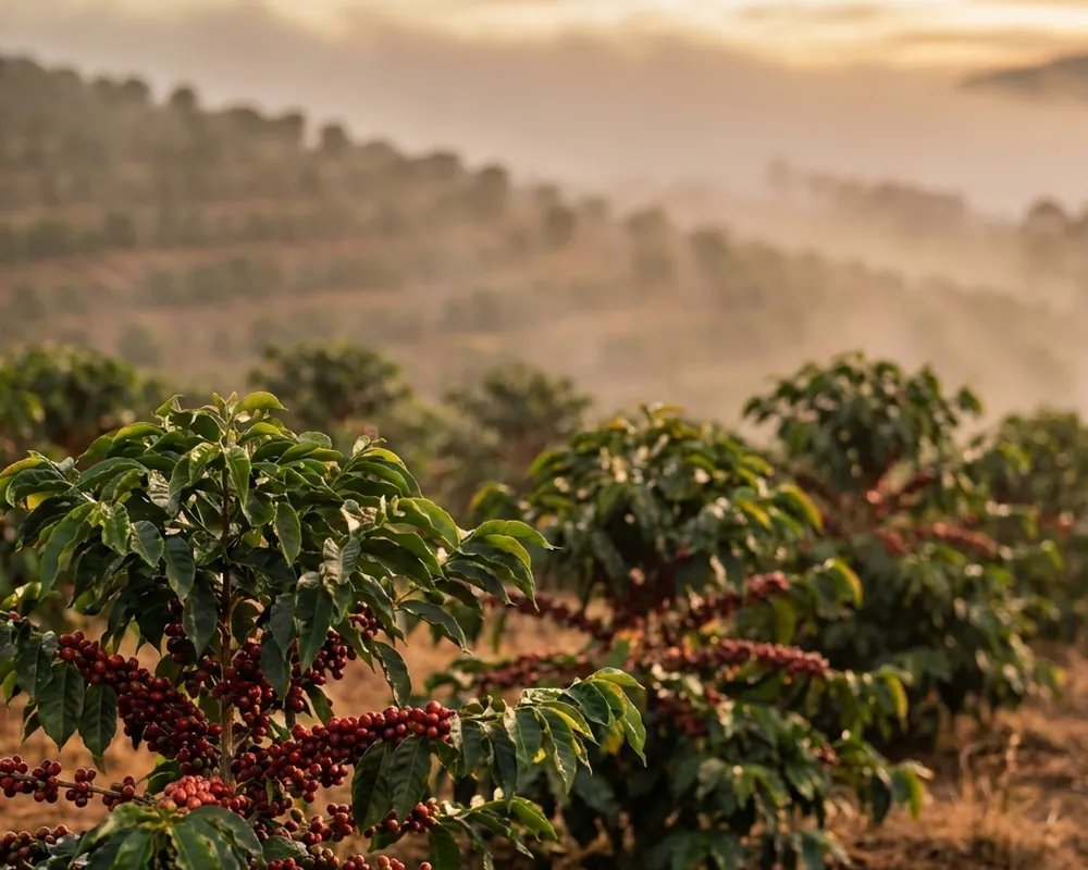 Kaffeesträucher mit reifen roten Kaffeekirschen auf einer Hochland-Farm bei Sonnenaufgang