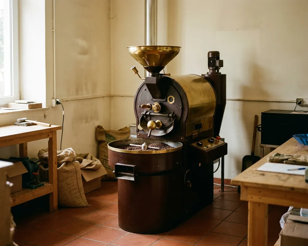 Gusseiserner Trommelröster in der KONTUR-Werkstatt mit frisch gerösteten Kaffeebohnen im Kühlsieb